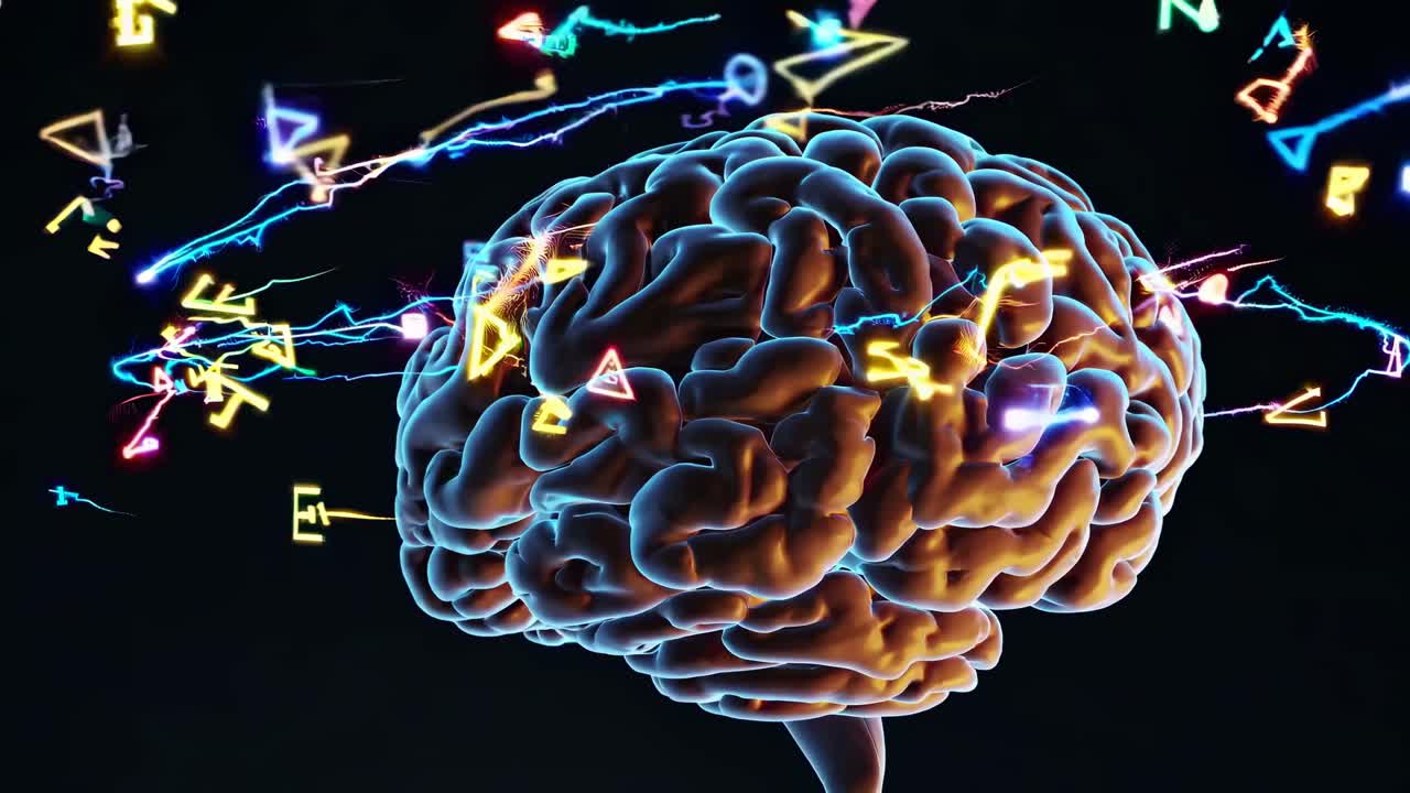 A digital rendering of a human brain with glowing blue and orange hues, captured from a side angle