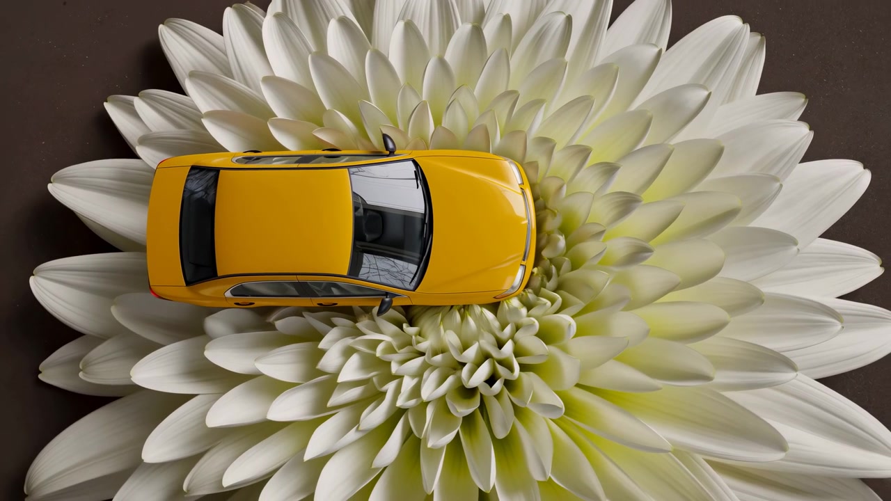 Scena in movimento dall'alto che mostra un'auto compatta gialla posizionata ferma su un fiore di crisantemo bianco sovradimensionato, tetto e parabrezza leggermente angolati verso lo spettatore con chiari riflessi di rami esterni.