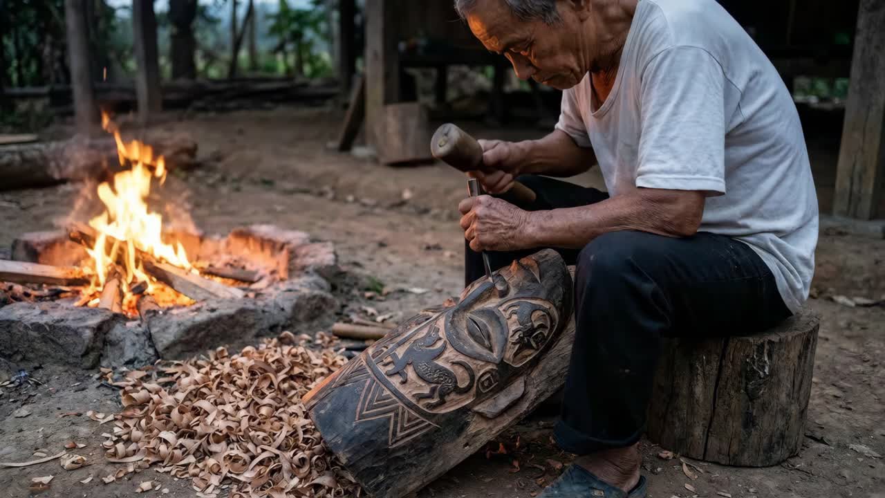 Artigiano che scolpisce una maschera tradizionale accanto al fuoco