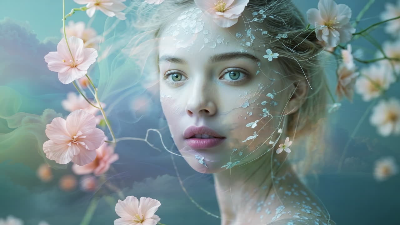 Ethereal Woman Adorned with Pink Blossoms