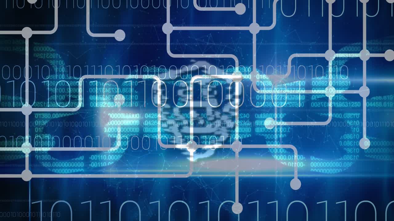 animación del icono de candado de seguridad digital en línea, codificación binaria a través de una red de conexiones