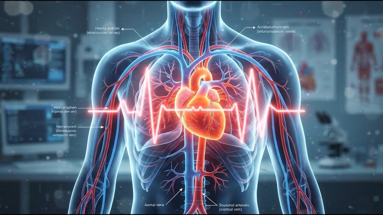 Glowing heart and arterial network visible inside transparent human chest