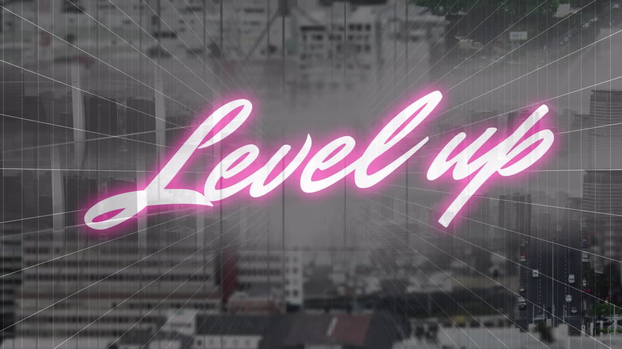 도시 풍경 위의 레벨 업 텍스트의 애니메이션