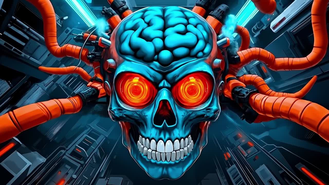 A skull with a brain and tentacles in a futuristic city