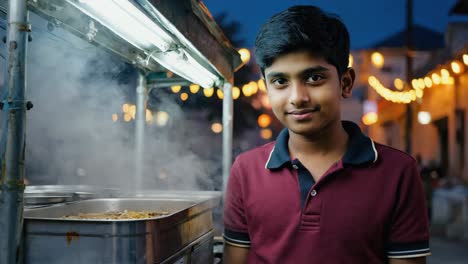 night market featuring young cook tending steaming food stall, glowing string lights highlighting vibrant culinary scene with ready to serve street cuisine