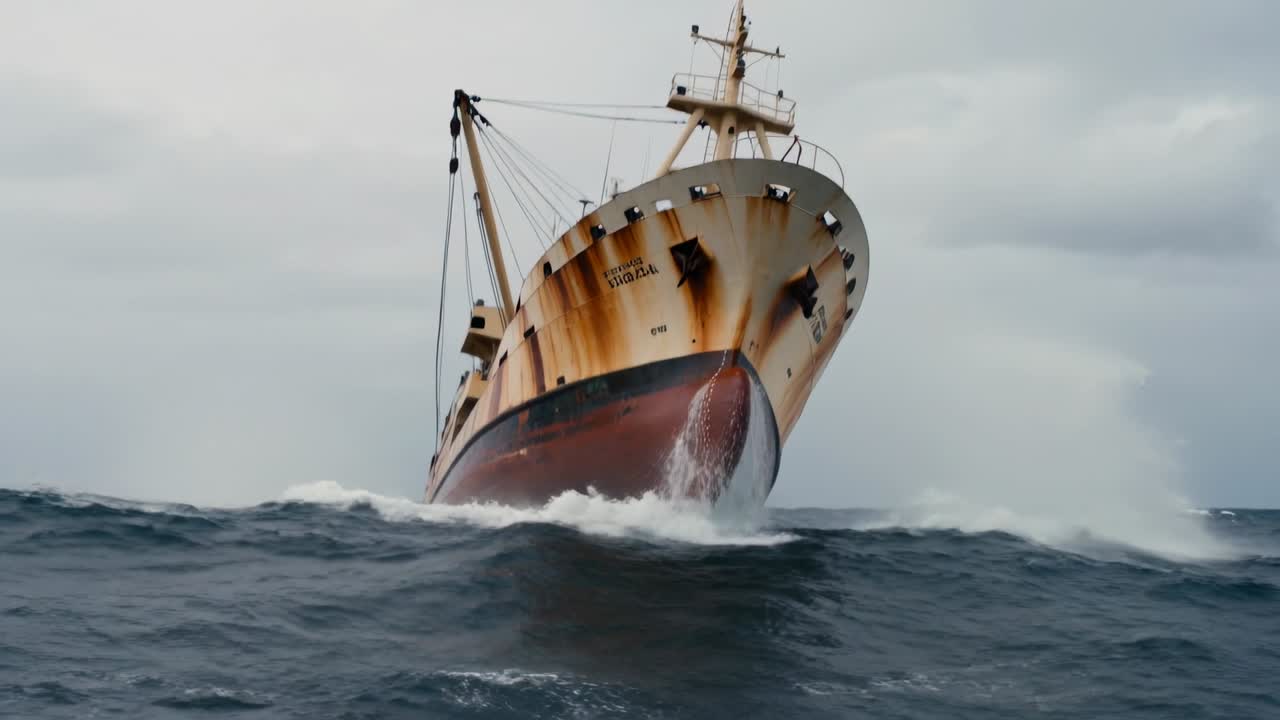 Fisketrålare som navigerar genom grova havsvågor under en storm