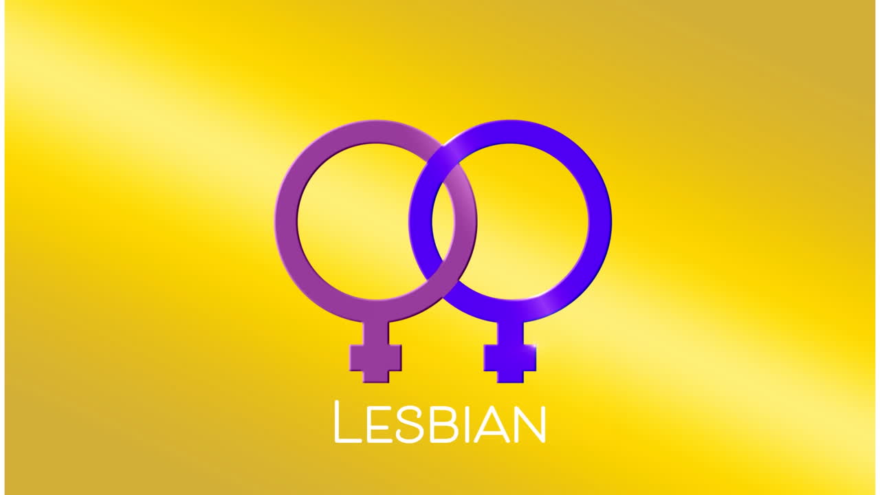 Animation of purple and blue lesbian icon with lesbian text against blue background