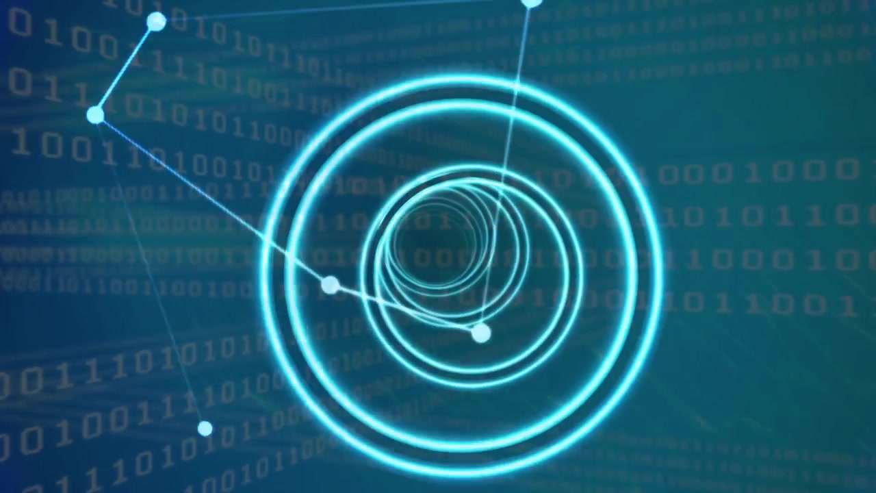 Abstract Digital Tunnel with Glowing Blue Rings and Binary Code