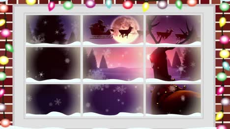 Animation-Einer-Winterweihnachtsszene-Mit-Weihnachtsmannschlitten-Und-Rentieren,-Die-Durch-Das-Fenster-Gesehen-Werden