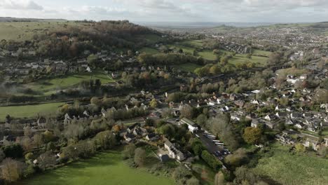 Tren-De-Vapor-Cotswolds-Inglaterra-Stroud-Suburbios-Campo-Rural-Paisaje-Aéreo-Otoño