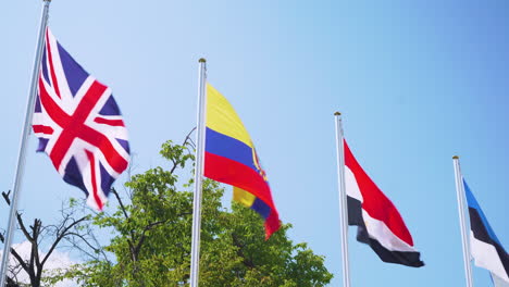 the flags of nations competing at a sporting event fly in the wind