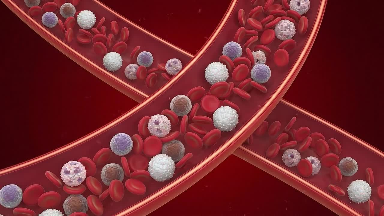 Vasos sanguíneos interligados preenchidos com glóbulos vermelhos e glóbulos brancos, demonstrando vias complexas do sistema circulatório