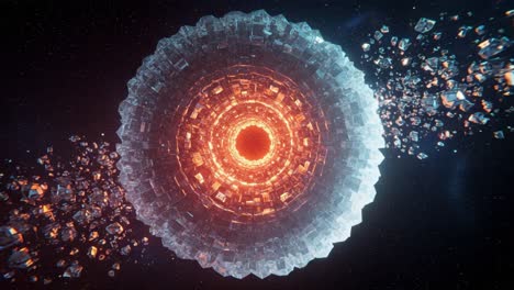 a stunning visual journey through a glimmering cosmic structure with circular patterns and iridescent crystal-like particles in a dazzling universe