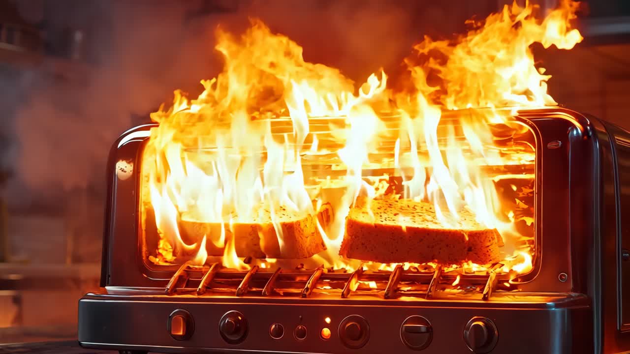 한 조각이 있는 부에서 불타는 토스터