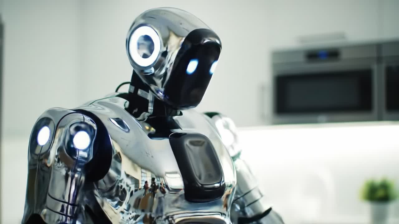 A Sophisticated Humanoid Robot Engaging in Household Tasks, Showcasing Advanced Technology and Precision in a Modern Kitchen Setting