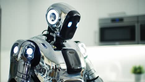 a sophisticated humanoid robot engaging in household tasks, showcasing advanced technology and precision in a modern kitchen setting