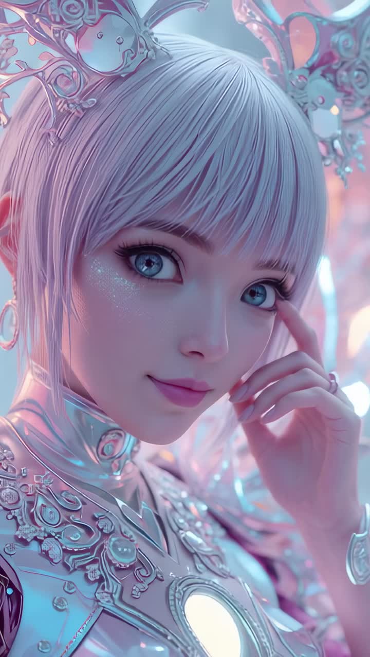 Vertical video: Shifting neon-lit chamber lights causing queen raising hand touching chestplate orb