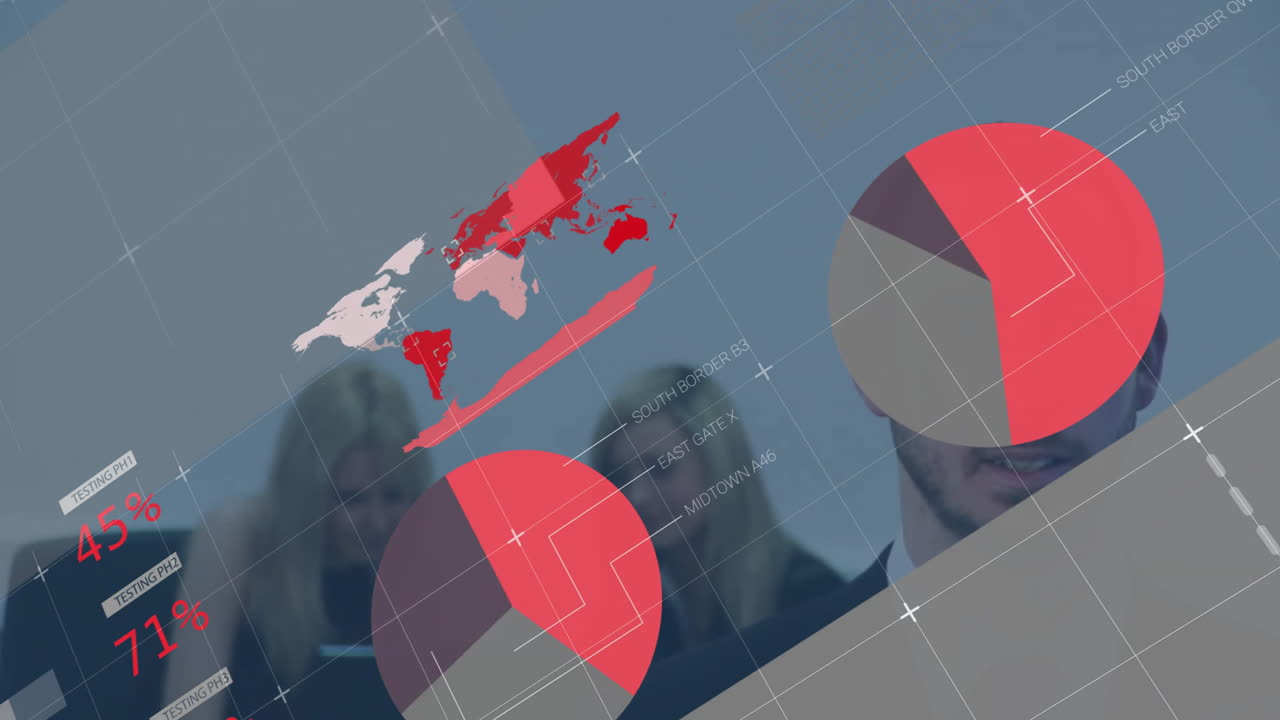 анимация обработки финансовых данных над различными деловыми людьми