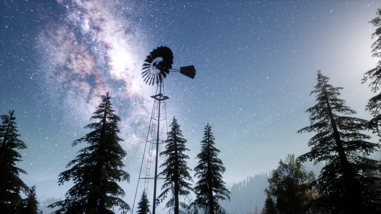 molino de viento retro en el bosque de montaña con estrellas. hiperlapso