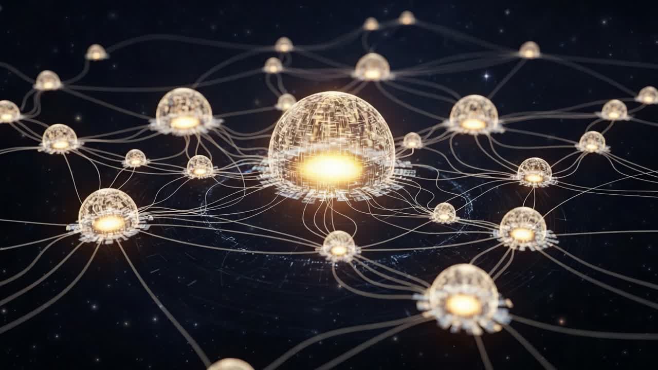 Intricate Network of Glowing Spheres Connected by Light, Representing Advanced Technology, Communication, and Interconnectivity in a Futuristic Digital Universe