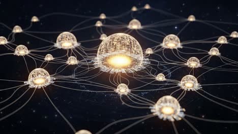 intricate network of glowing spheres connected by light, representing advanced technology, communication, and interconnectivity in a futuristic digital universe