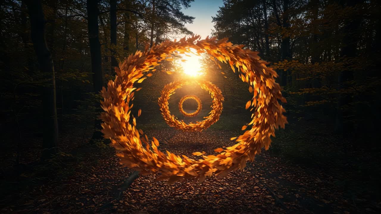 Enchanted Circles of Autumn Leaves Illuminated by a Golden Sunset in a Forest Pathway, Creating a Magical Atmosphere of Natural Beauty and Serenity