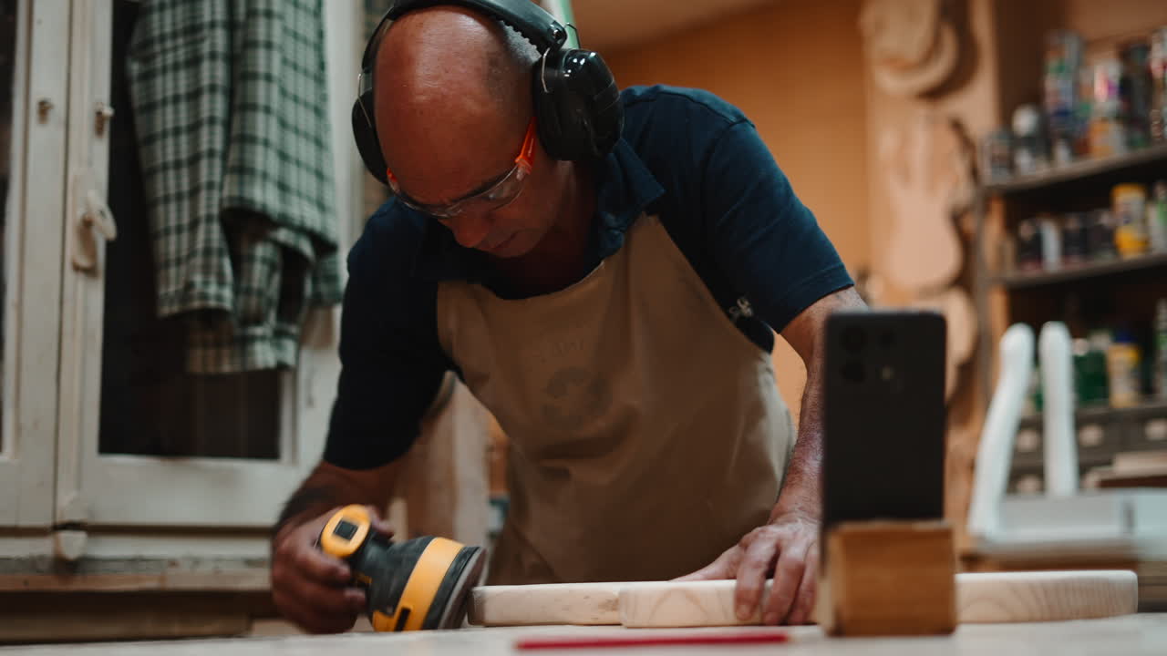 Skilled Carpenter Sands Wood with Orbital Sander in Workshop