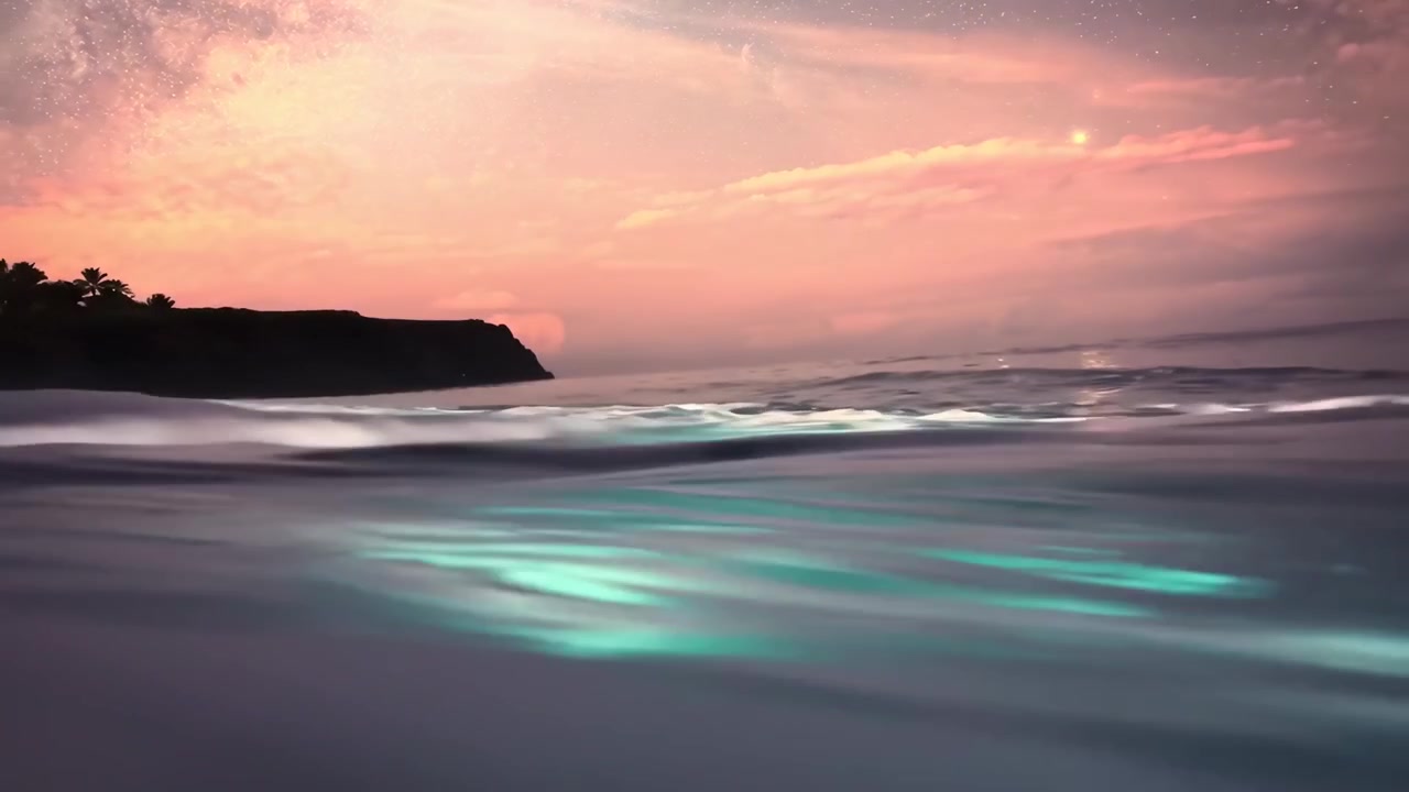 Onde bioluminescenti che si infrangono su una spiaggia tropicale di notte