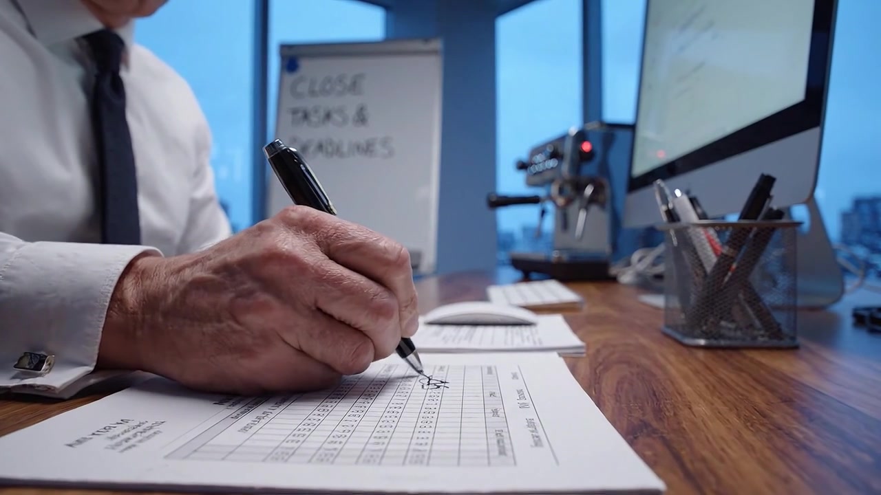 A focused professional managing work tasks and deadlines at a modern desk, with documents, a computer, and a coffee machine visible in a city office setting.