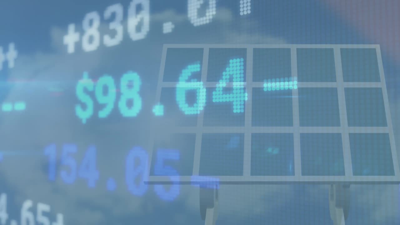 파란 하늘의 구름에 대한 태양 전지 패널을 통해 주식 시장 데이터 처리의 애니메이션