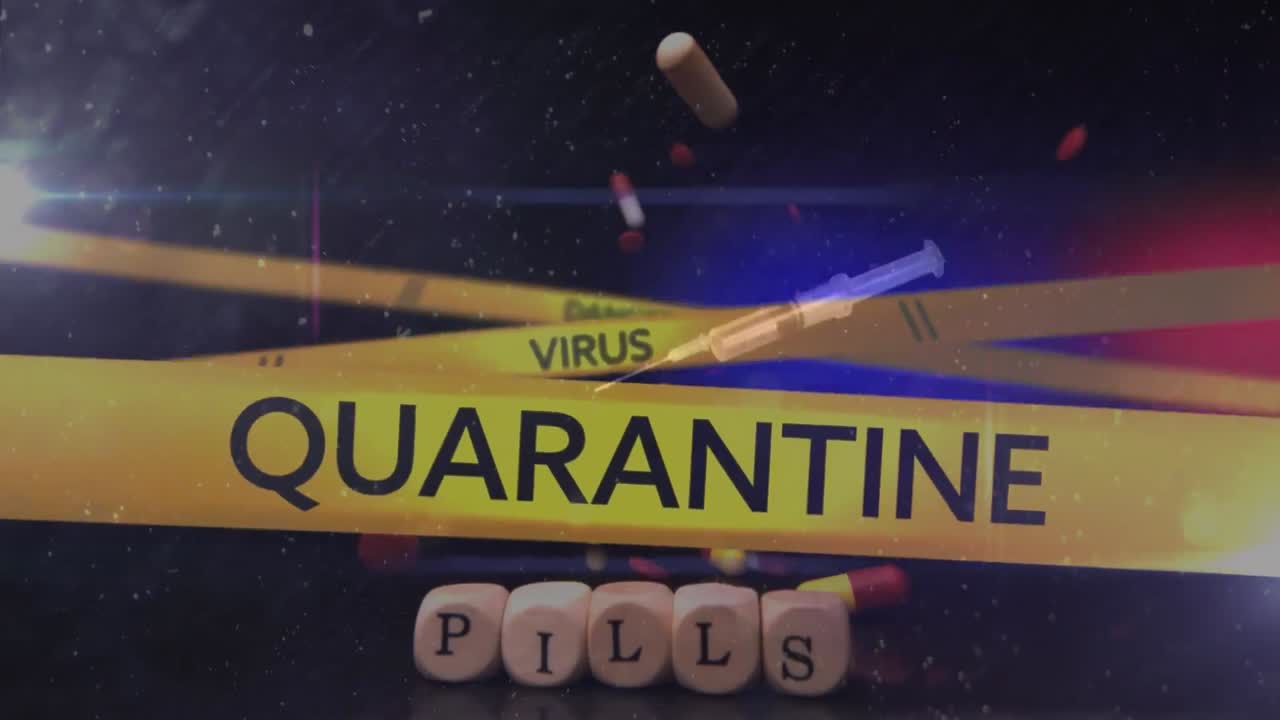 검은색 바탕에 위험, 바이러스, 격리, 약물에 대한 경찰 리본의 애니메이션