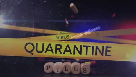 Animation-Eines-Polizeibandes-Mit-Gefahr,-Virus,-Quarantäne-über-Pillen-Auf-Schwarzem-Hintergrund