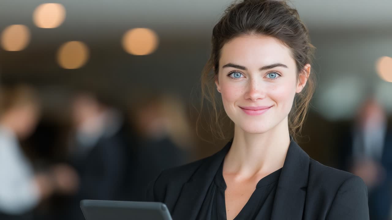 Imprenditrice sicura di sé che interagisce con un tablet in un ambiente professionale, catturando l'essenza della comunicazione e della collaborazione moderna sul luogo di lavoro