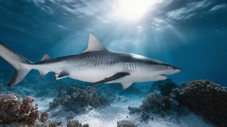 Graceful Predator of the Deep: A Stunning Journey into the Underwater World Showcasing a Majestic Shark Gliding Through Vibrant Coral Reefs
