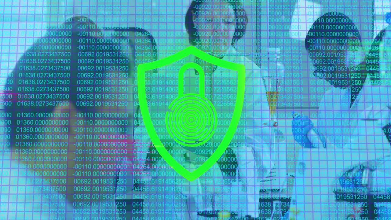 In office, digital fingerprint and red lock icon over data on screen