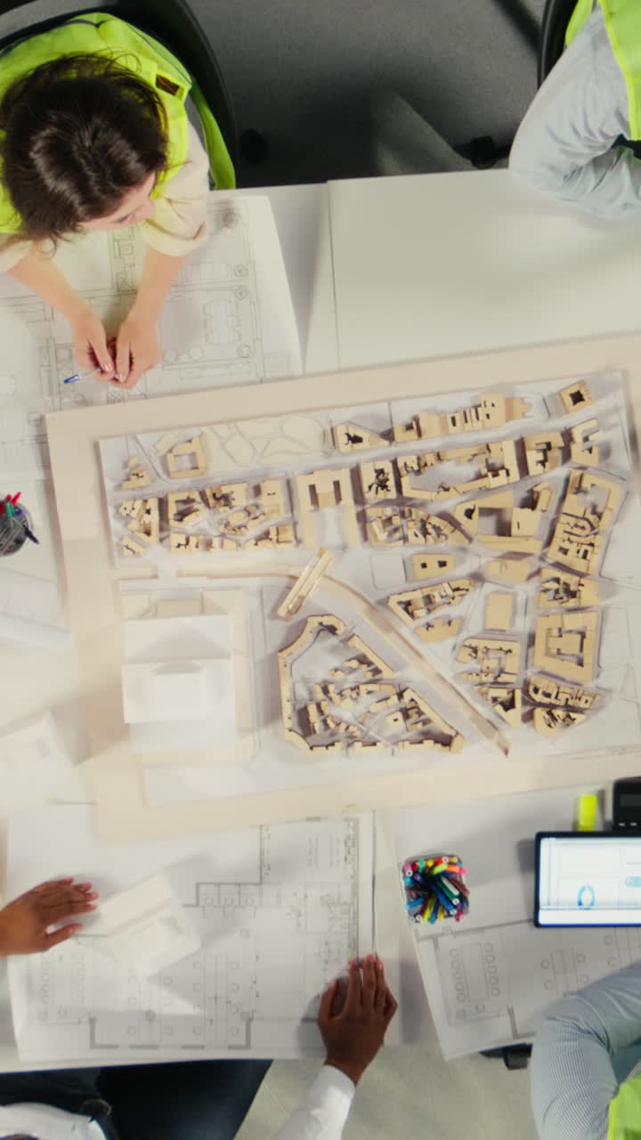 Vertical Video Top down view zoom in of colleagues in architecture working together