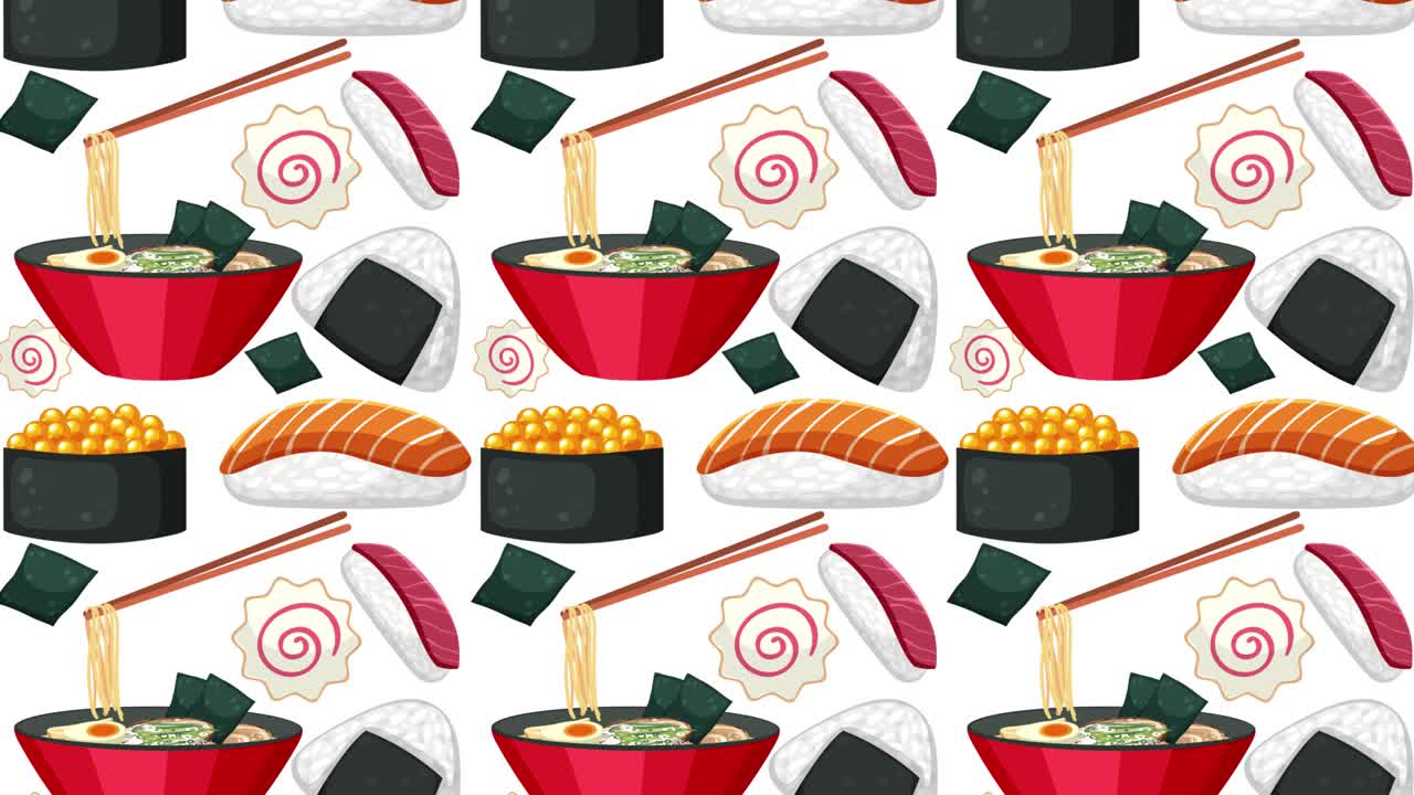 animación colorida de patrones de ramen y sushi