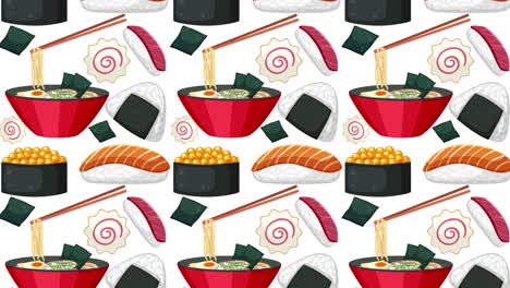 animación colorida de patrones de ramen y sushi