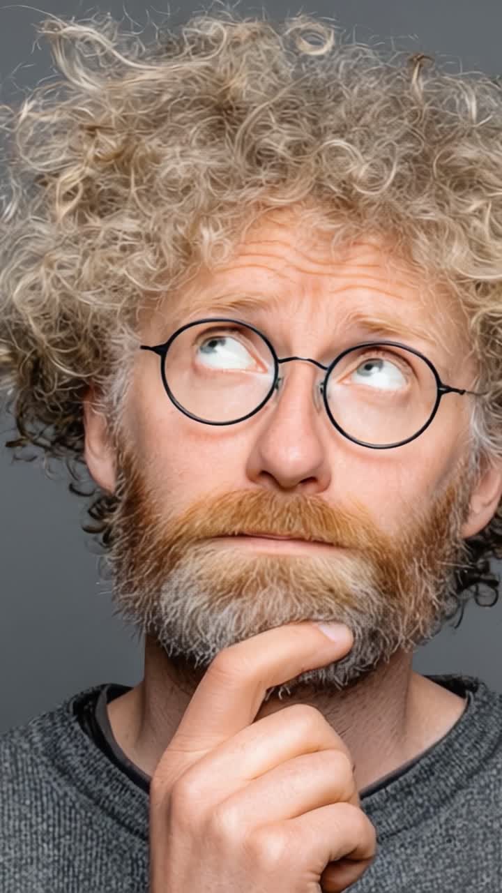 Un hombre pensativo con pelo rizado y gafas contempla algo importante, mostrando una expresión meditabunda y un lenguaje corporal expresivo.