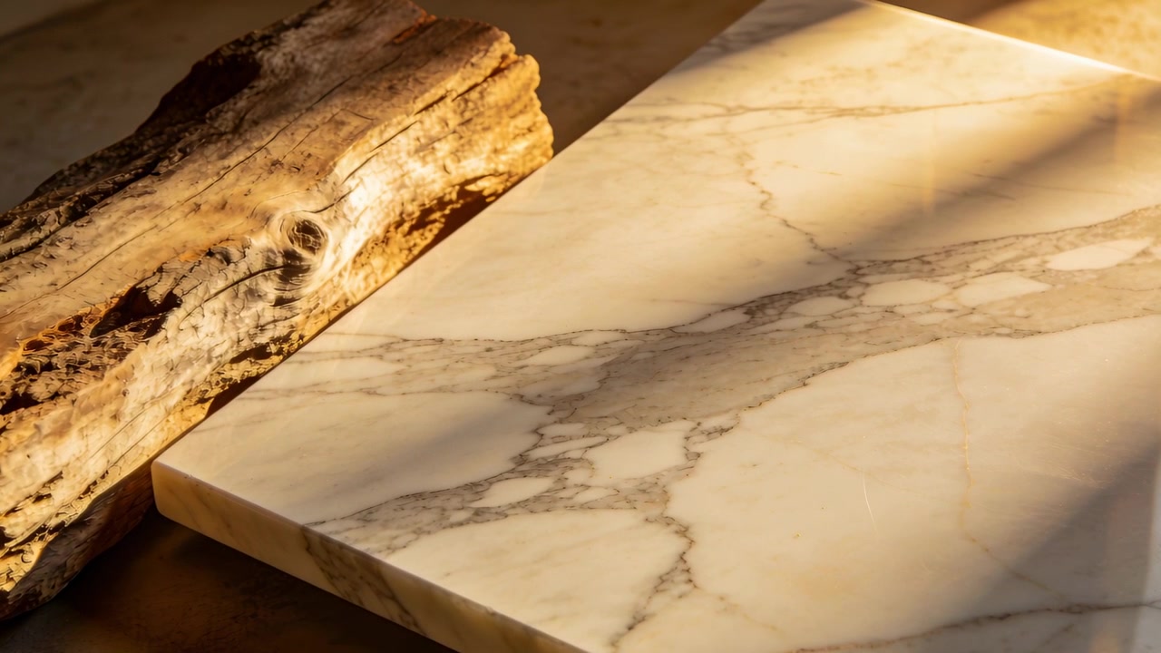 Luce solare mutevole che si muove nella stanza, proiettando ombre su una lastra di marmo e legni galleggianti, con spazio per il testo.