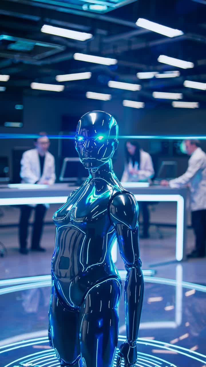 Futuristic video concept with a low-angle shot of a glowing humanoid robot in a high-tech lab