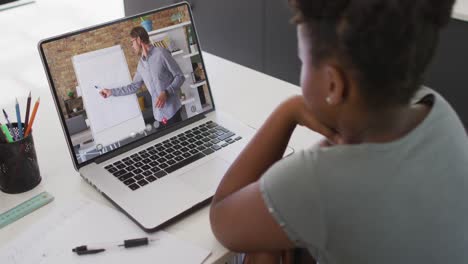 Animation-of-african-american-girl-having-online-lessons-on-laptop-at-home