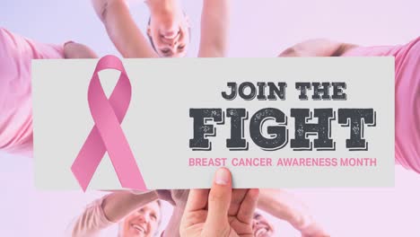 Animation-of-pink-ribbon-logo-and-breast-cancer-text-over-group-of-diverse-group-of-women