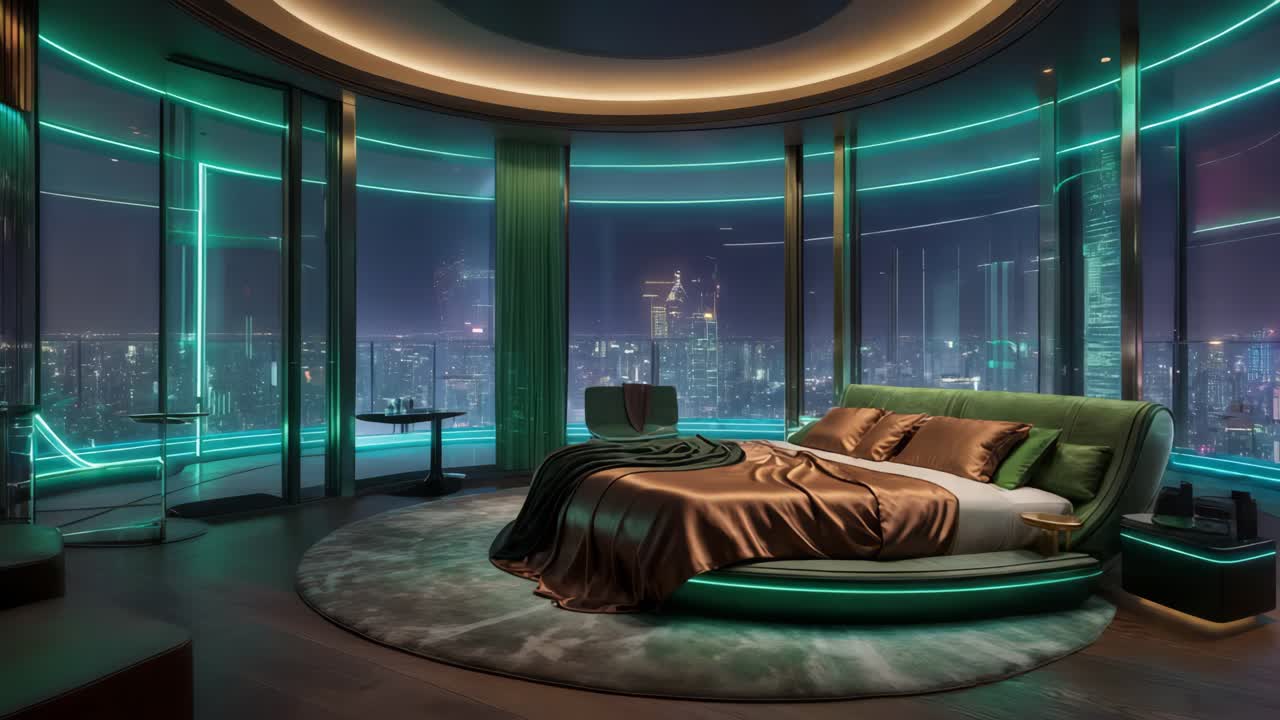 밤에는 고층 도시 아파트에서 미래의 둥근 침대