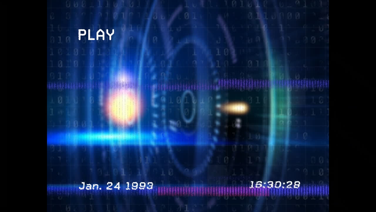 Digital animation with binary code overlaying futuristic elements and retro timestamp