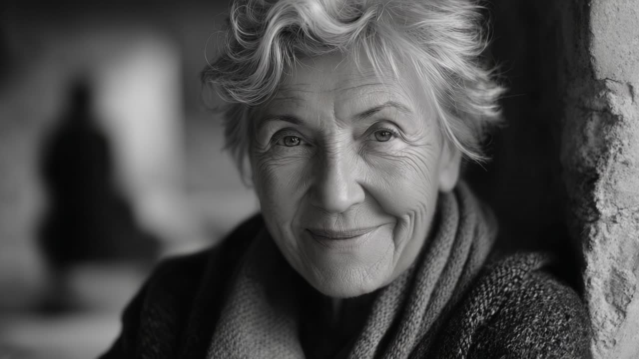 Ritratto di una donna anziana con un sorriso caloroso, catturato in bianco e nero, che mette in risalto i suoi occhi espressivi e l'acconciatura unica in un ambiente intimo.