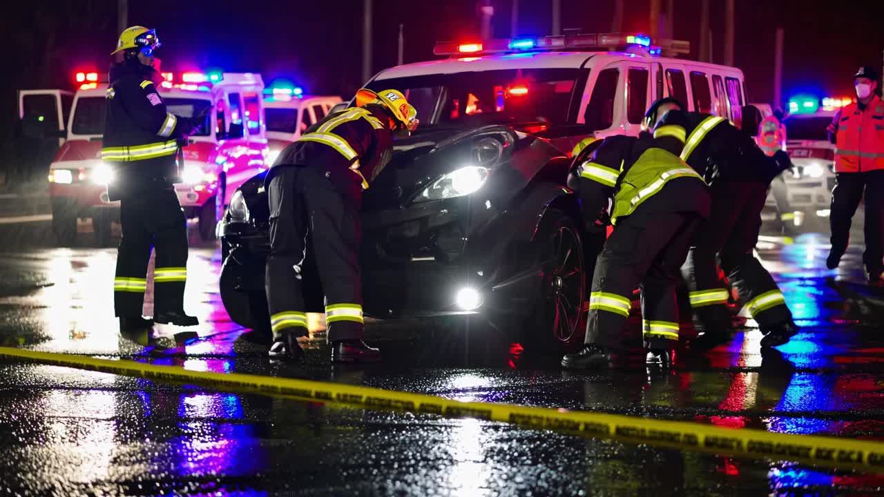 Firefighters at a Night Car Accident