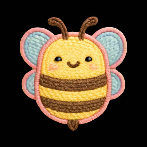 Cute embroidered bee design animation isolated asset, transparent 4K video, alpha channel, ProRes