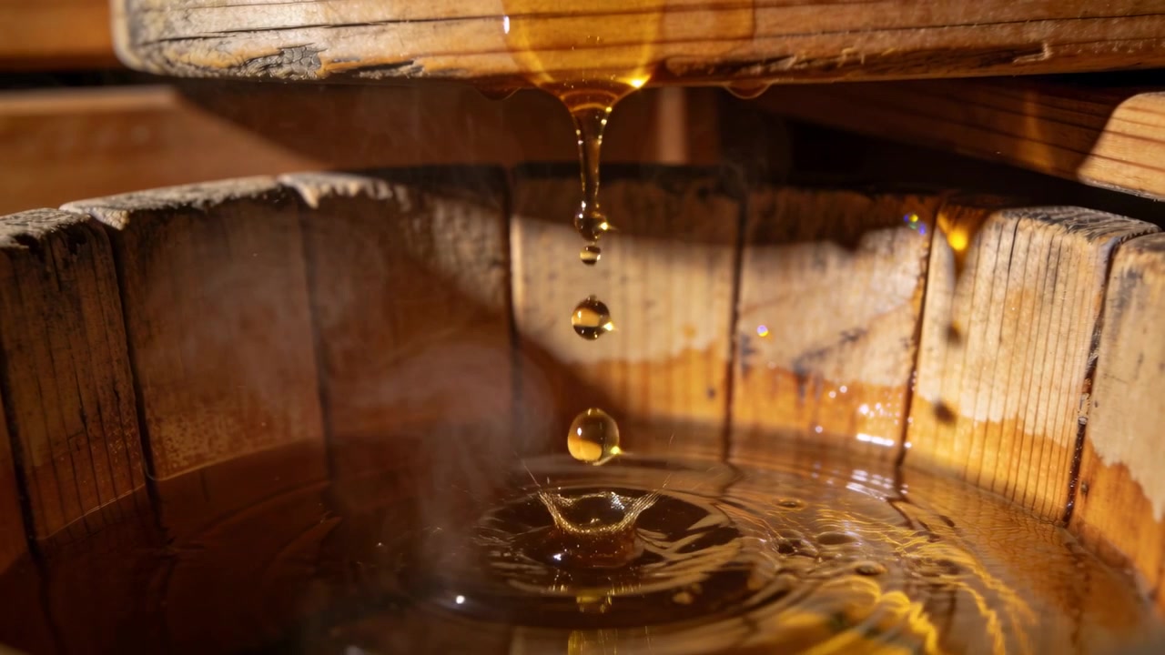 Gocce ambrate che gocciolano da un beccuccio di legno in una vasca, dopo che una goccia si allunga, formando increspature.