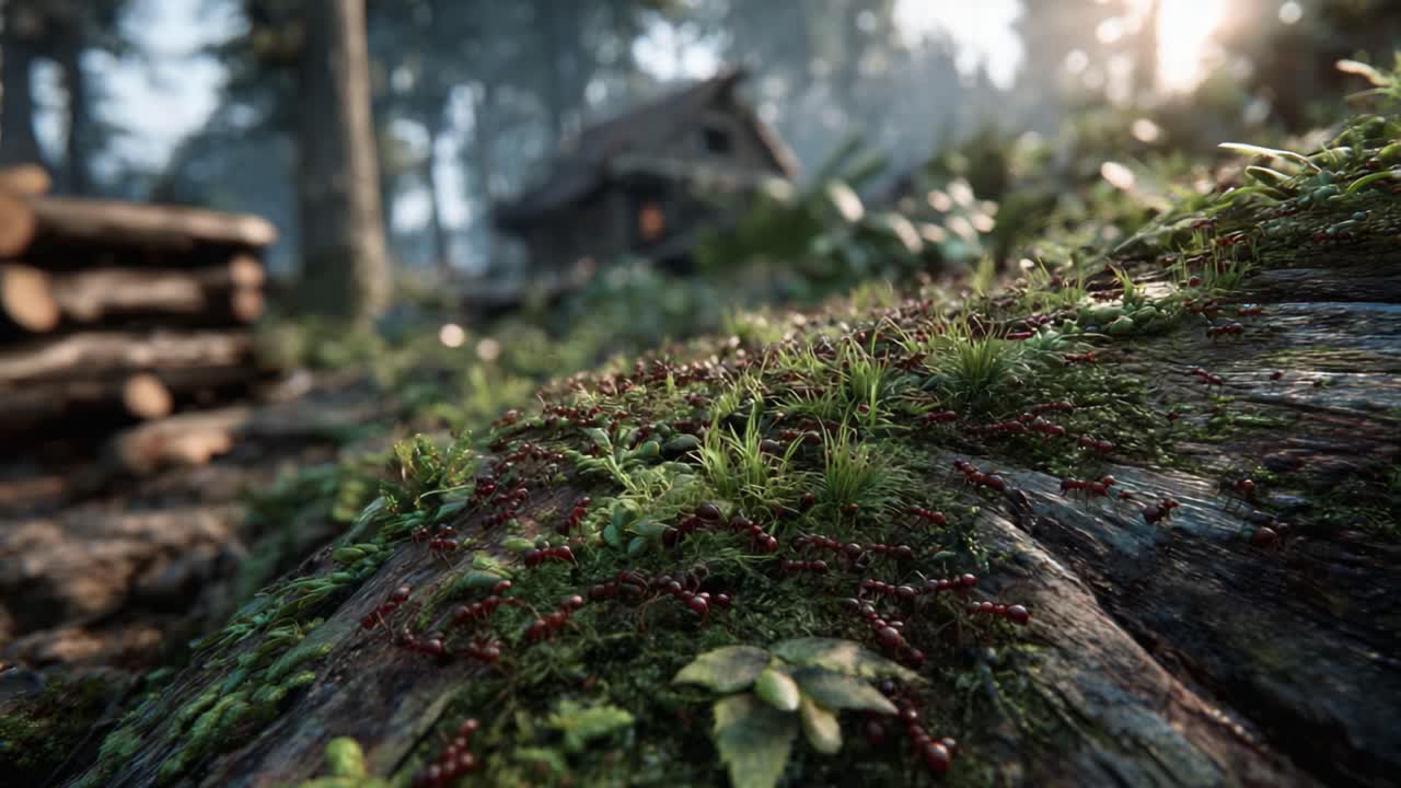 A Serene Forest Scene Captured in Two Frames, Highlighting Ants Crawling Over a Moss-Covered Log, Surrounded by Lush Greenery and a Rustic Cabin in the Background